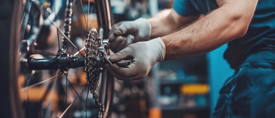 Fototapeta premium A Mechanic Repairing a Bicycle's Rear Derailleur