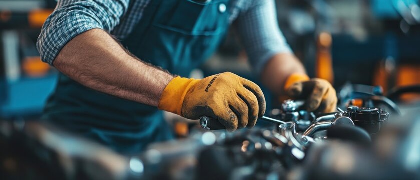 Close-up of Mechanic's Hand Working on an Engine