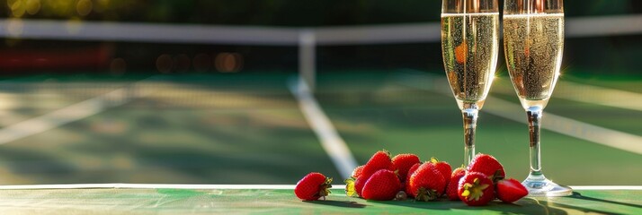 photo depicting a luxurious setting on a tennis court, with glasses of champagne and strawberries