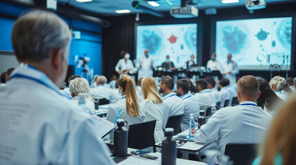 A large, modern conference room filled with healthcare professionals attending a seminar. The focus is on a presenter explaining a complex medical topic.