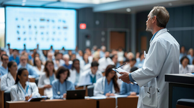 A large, modern conference room filled with healthcare professionals attending a seminar. The focus is on a presenter explaining a complex medical topic.
