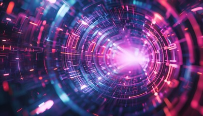 Obraz premium depicting a neon-lit abstract tunnel with intricate geometric patterns, symbolizing technological