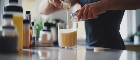 Man Pouring Liquid into a Glass on a Countertop