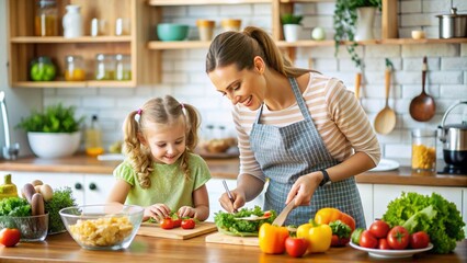 Happy mother and daughter preparing healthy food at home
