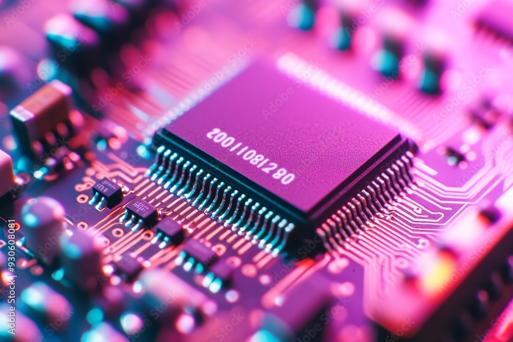 Poster vibrant close up of a microchip on a colorful circuit board highlighting the energy dynamism and inn