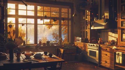 A serene morning scene of a person enjoying a cup of coffee or tea in a cozy kitchen. The setting includes warm lighting, a breakfast spread, and a view of the sunrise through a large window