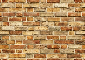 Obraz premium A rustic, neutral-toned seamless brick wall texture with worn, weathered mortar and slight discoloration, perfect for architectural or design backgrounds.