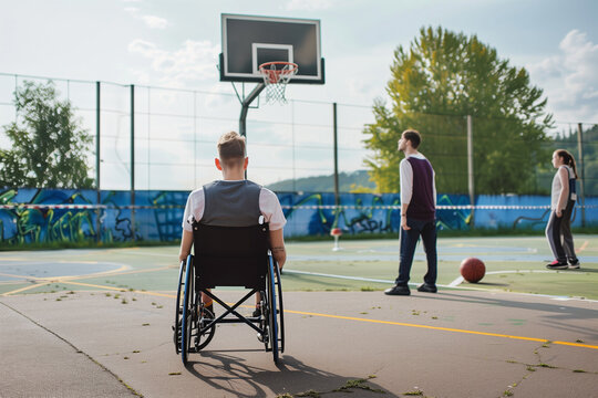 Young Man in Wheelchair Observing Friends on Basketball Court