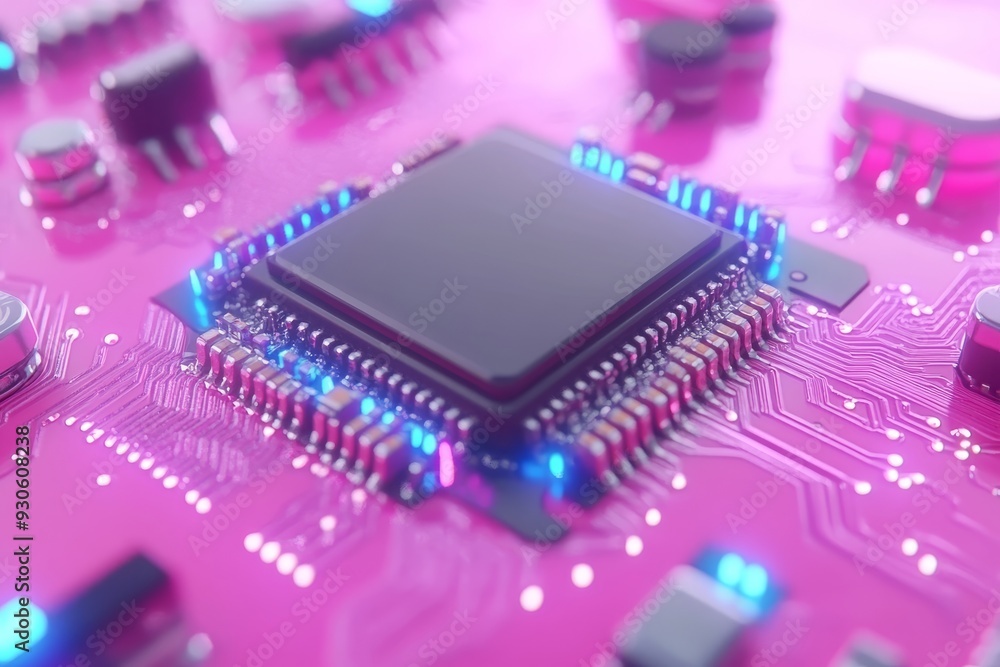 Poster close up of a microchip integrated into a motherboard emphasizing the role of microtechnology in pow