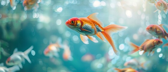 Naklejka premium Colorful goldfish swimming underwater, group of orange and white fish in clear blue water with sunlight and bokeh effects