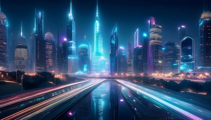 Fototapeta premium futuristic cyberpunk cityscape with glowing neon skyscrapers, digital reflections in water, high-tech metropolis at night, sci-fi inspired urban skyline, advanced architectural design
