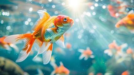 Colorful goldfish swimming underwater, group of orange and white fish in clear blue water with sunlight and bokeh effects