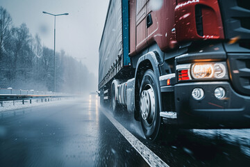 Extreme Close-Up of a Truck Driving on a Snowy Highway