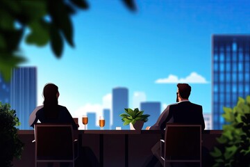 A serene rooftop view showcasing two silhouetted figures enjoying drinks, surrounded by skyline and greenery.
