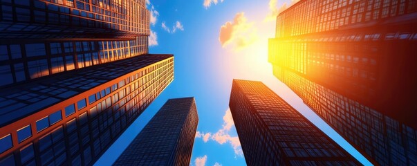 A stunning view of skyscrapers reaching towards a vibrant sunset, capturing modern architecture against a colorful sky.