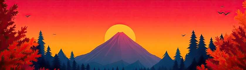 A vibrant sunset over a majestic mountain, surrounded by colorful trees and a serene atmosphere, perfect for nature lovers.