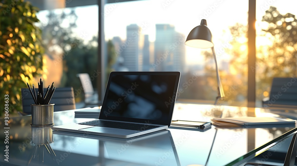 Aufkleber modern empty office workspace with open sleek laptop, desk lamp and pencil case. skyscraper view see