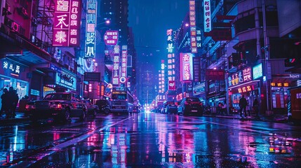 Neon Lights Reflecting in Wet Streets of a Busy City at Night