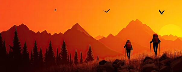 Two hikers explore a breathtaking sunset landscape, surrounded by mountains and trees, capturing the essence of adventure and nature.