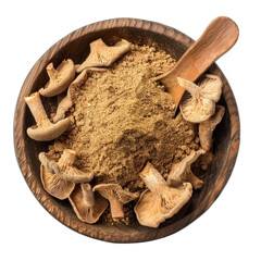 Dried mushrooms and powder in wooden bowl.