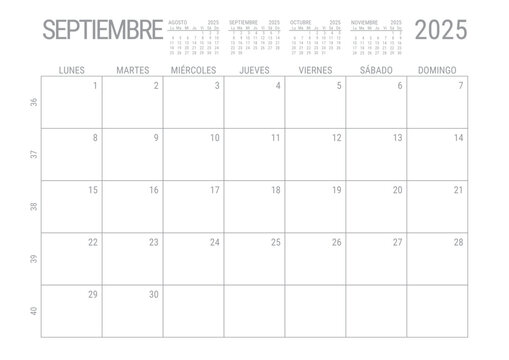 Septiembre Calendario 2025 Mensual para imprimir con numero de semanas A4	