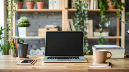 Fototapeta premium A neatly organized office desk with essential items such as a laptop, planner, smartphone, coffee cup, and stationery. 