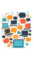 An icon depicting a cluster of laptops and tablets forming a circle, with chat bubbles above, representing ongoing student discussions and teamwork