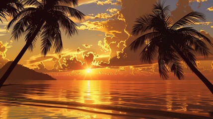 A serene sunset over a calm sea, framed by palm trees and vibrant clouds.