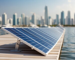 Obraz premium Solar panels on a wooden dock with a cityscape in the background.