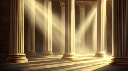 Warm light gently illuminates a dark circular room, highlighting the intricate details of Greek-style columns and casting soft shadows across the floor