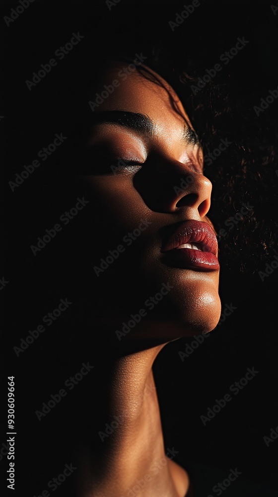 Wall mural portrait of black woman with curly hair posing with dramatic lighting on dark background