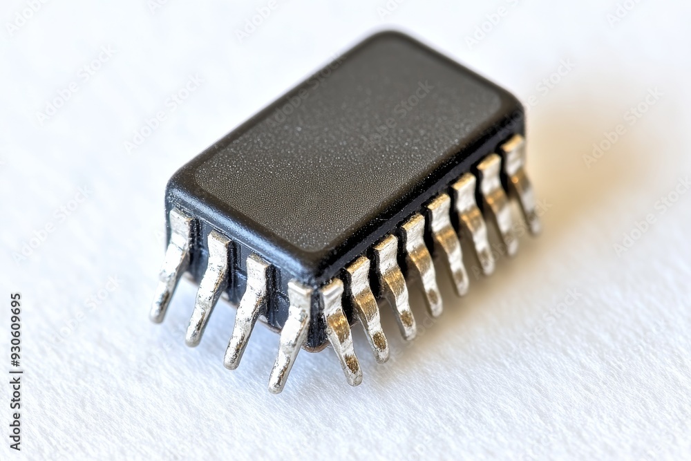 Poster close up of a small black microchip on a white background highlighting the simplicity and minimalist