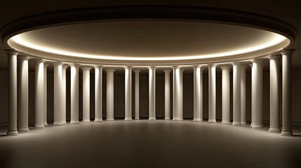 Warm light gently illuminates a dark circular room, highlighting the intricate details of Greek-style columns and casting soft shadows across the floor