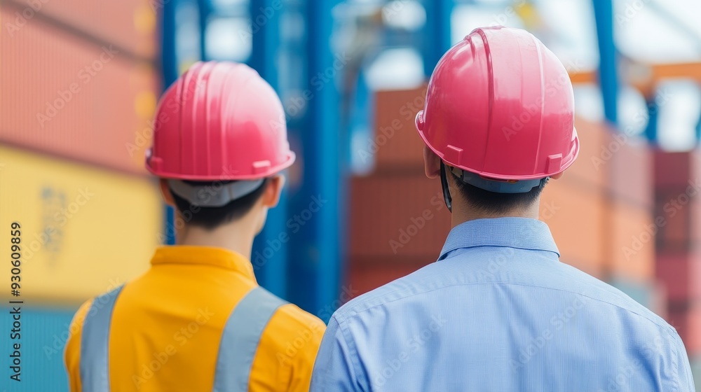 Poster two construction workers in hard hats observe cargo containers at a shipping yard, emphasizing teamw