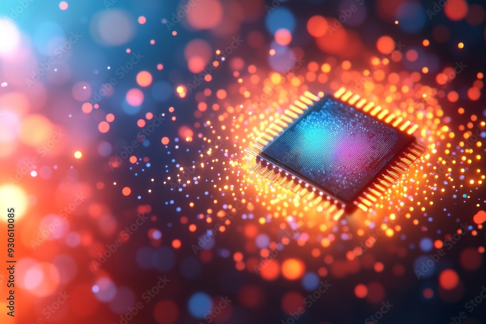 Poster close up of a glowing microchip on a circuit board surrounded by sparkling lights symbolizing the en