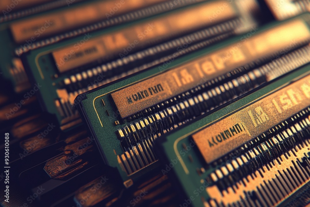 Poster macro shot of memory chips on a green circuit board highlighting the precision and engineering of mo