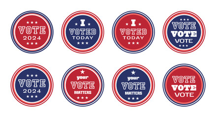 Election 2024. Vote USA. Set of motivation phrases. Voting concept. Round politics stickers. Red and blue colours.