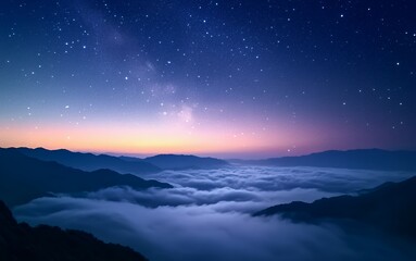 Fototapeta premium A serene mountain landscape at dusk with a starry sky and clouds below.