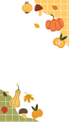 Autumn Vegetable Frame. Pumpkins, mushrooms, and fall leaves illustration. Stories Template for Social Media.