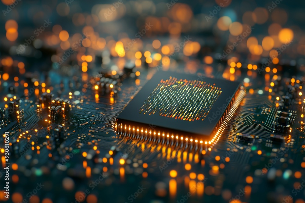 Poster close up of a microchip on a circuit board illuminated by green and orange lights representing the a