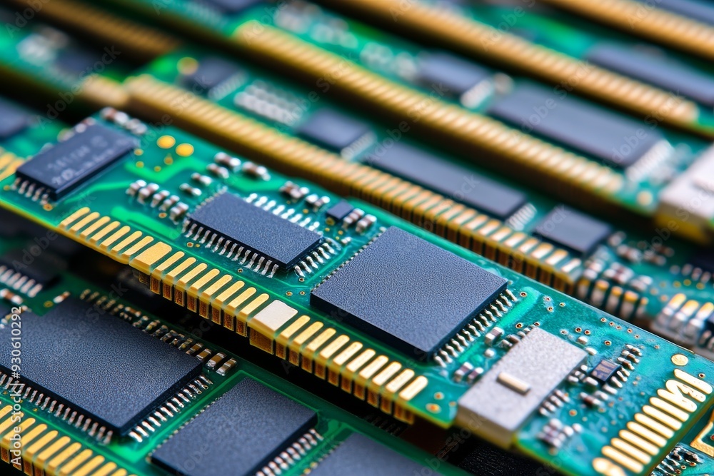 Poster macro shot of electronic components on a circuit board showcasing the precision and detail of modern