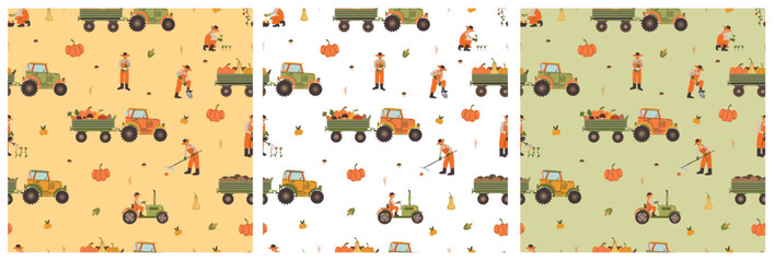 Set of Tractors and Farmer Patterns. Thanksgiving decor elements. Autumn farm Background. Harvest season. Agricultural Labor Backdrop.