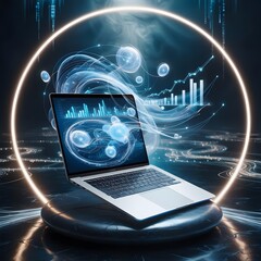 High-tech digital Data analysis on a glowing laptop screen,Generative Ai