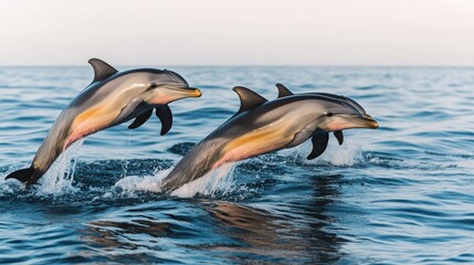 Two playful dolphins leap joyfully from the shimmering ocean waters, showcasing their grace and beauty in a stunning marine environment.
