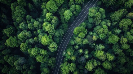 An aerial view of a forest with a winding road