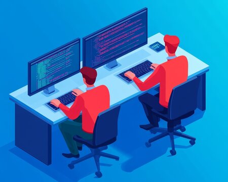 Two programmers working collaboratively at dual monitors in a modern office setting, focused on coding and development tasks.