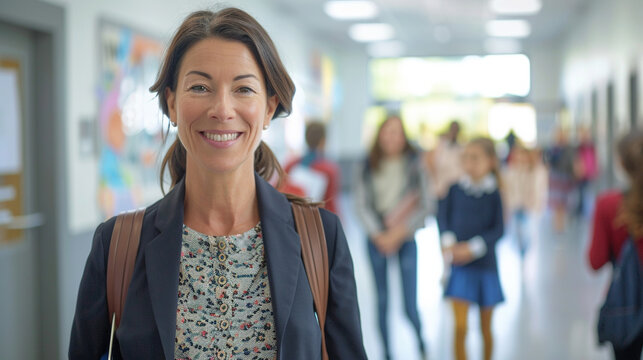 A professional female principal in her 40s, walking through the corridors of a modern school, engaging with students and staff with a confident smile.