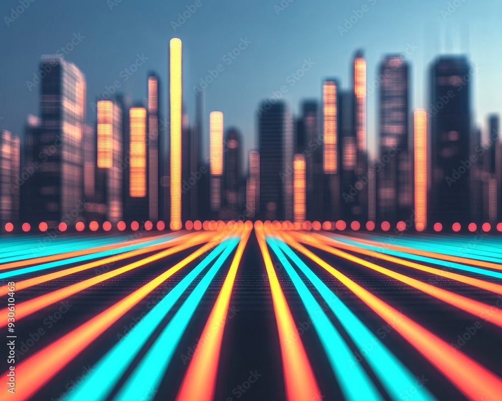 Poster vibrant city skyline with glowing lines in the foreground, creating a futuristic and dynamic urban a