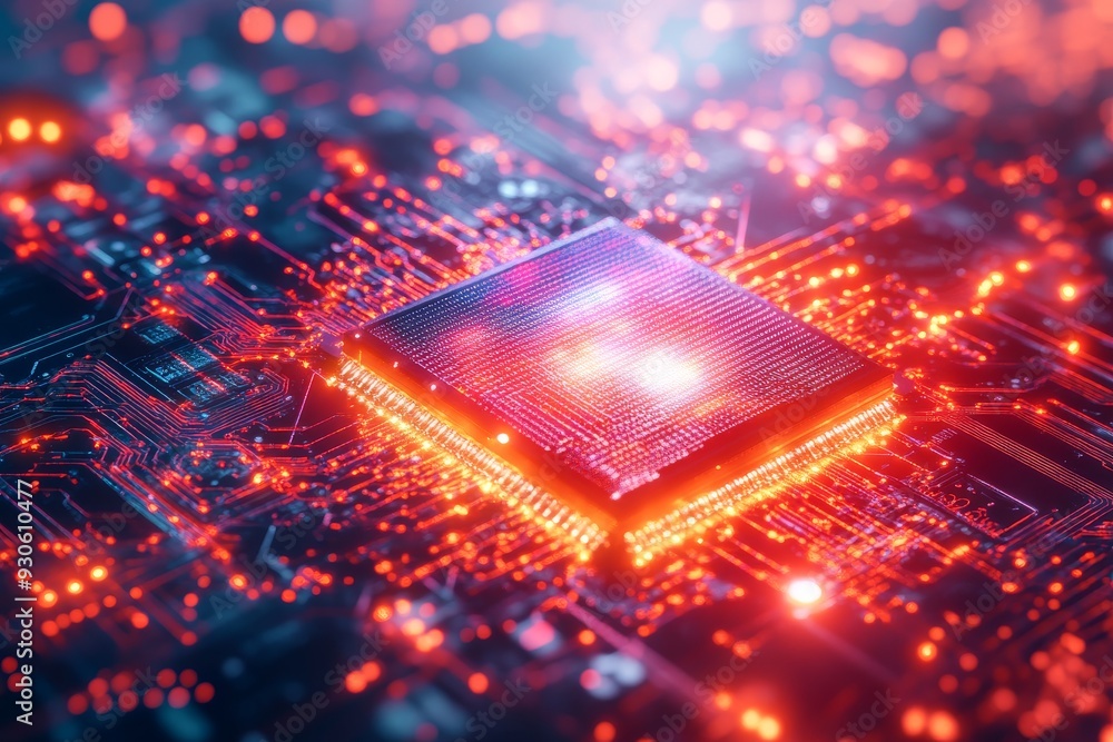 Poster a glowing microchip on a futuristic circuit board illuminated by orange and purple lights representi