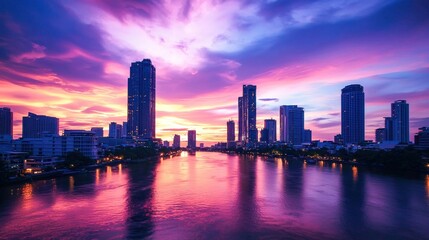 Fototapeta premium Captivating urban landscape at sunset with skyscrapers silhouetted against a vibrant sky. The river reflects the sunset colors
